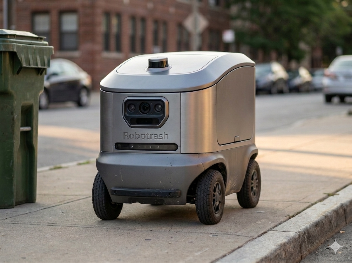 Small robotic rover on a residential sidewalk